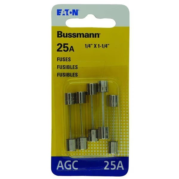 Glass Fuse, AGC Series, Fast-Acting, 25A, 32V AC, 1kA at 32V AC, 5 PK, Eaton Bussmann, Mfr#: BP/AGC-25-RP